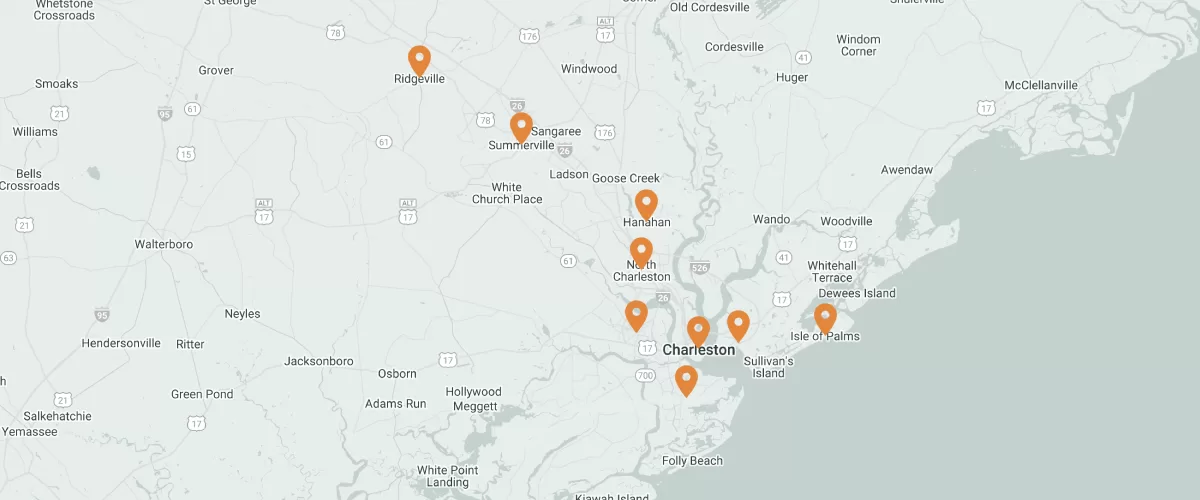 Stylized map of Charleston, SC and the surrounding areas, with pins showing locations of a company that provides commercial property management services.